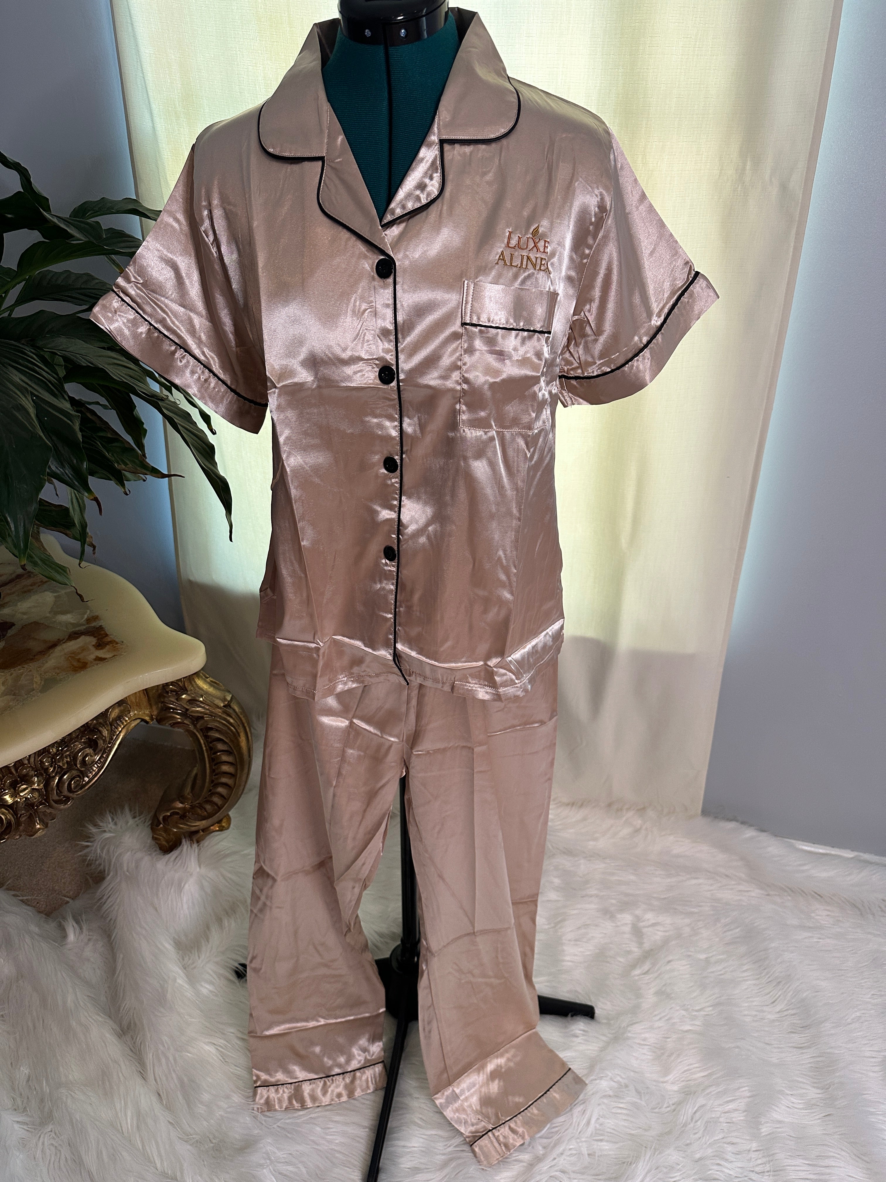 PRE-ORDER - Satin Short Sleeved & Pant 2 Piece Pajama Set