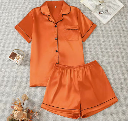 PRE-ORDER Satin Short Set – Sunset Orange & Champagne/Tan